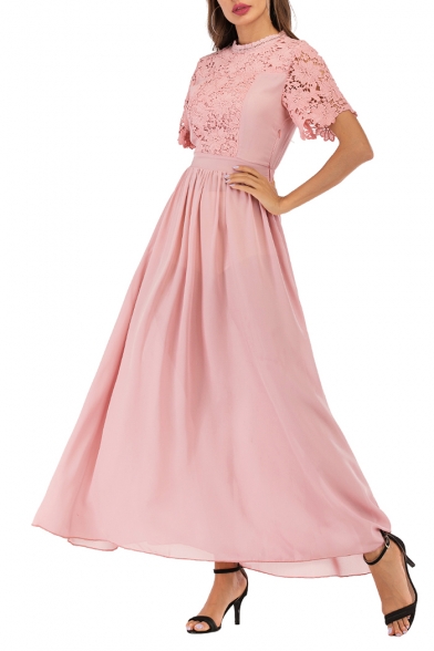 Womens Pink Round Neck Short Sleeve Lace-Patched Maxi Fit and Flared Prom Evening Dress
