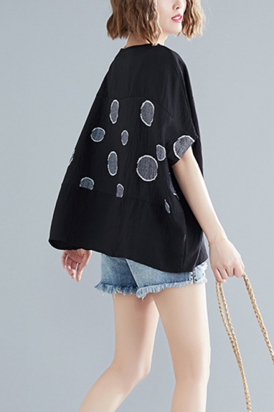 Womens Plus Size Summer Fashion Polka Dot Printed Oversized Linen T-Shirt