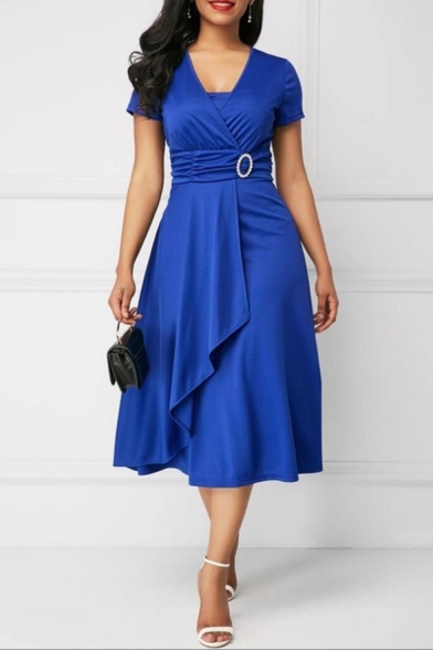 Womens Plus Size Summer Solid Color V-Neck Short Sleeve Midi A-Line Dress