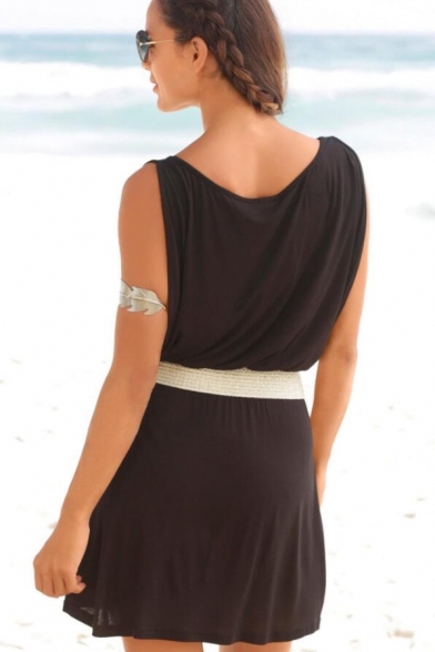 Womens Summer Casual Loose Round Neck Sleeveless Sequined Waist Plain Mini Sheath Beach Tank Dress
