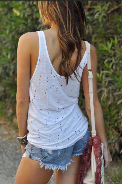 Womens Summer New Fashion Scoop Neck Sleeveless Hollow Out Casual White Tank Top