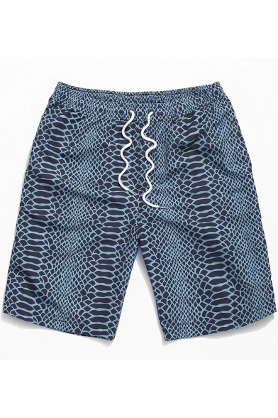 Cartoon Snake Printed Men's Blue Drawstring Waist Beach Holiday Swim Shorts