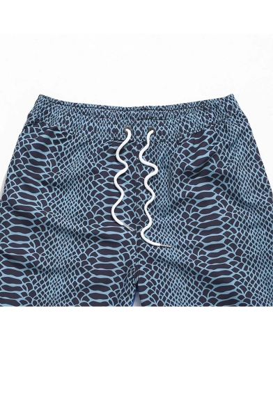 Cartoon Snake Printed Men's Blue Drawstring Waist Beach Holiday Swim Shorts