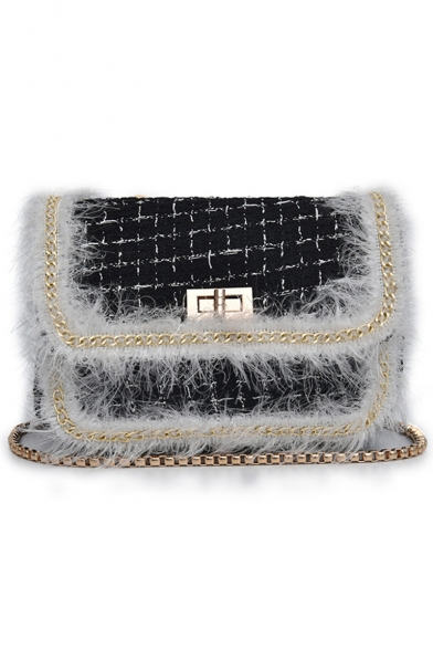 Chic Plaid Pattern Fur Chain Embellishment Hairy Square Crossbody Bag 19*9*13 CM