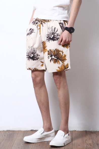 Chinese Style Retro Floral Printed Drawstring Waist Linen Loose Fit Swim Shorts