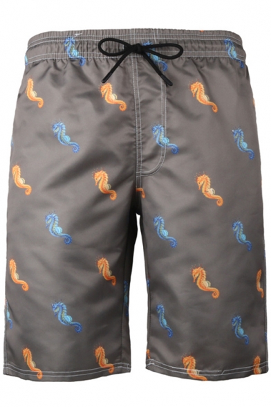 Cool Allover Seahorse Printed Men's Grey Drawstring Waist Beach Casual Swim Shorts