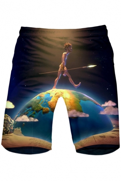 Cool Funny Comic Figure on Earth Printed Drawstring Waist Cotton Loose Relaxed Shorts