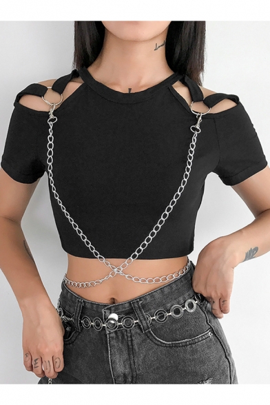 Cool Gothic Punk Style Black Cutout Chain Embellished Short Sleeve Cropped Slim T-Shirt