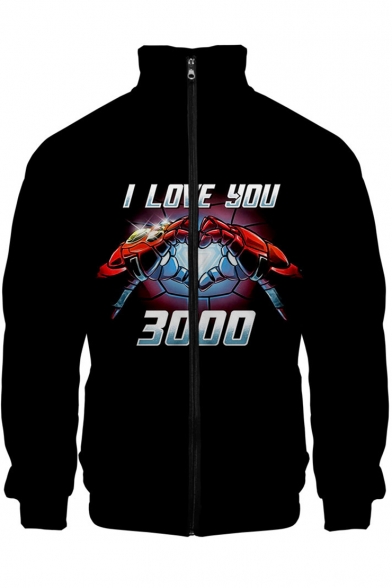 Cool Iron Hand Heart I LOVE YOU 3000 Printed Stand Collar Long Sleeve Zip Up Black Jacket