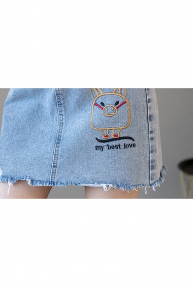 Cute Cartoon Letter MY BEST LOVE Embroidery Fringed Hem Mini Light Blue A-Line Denim Skirt