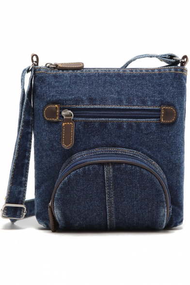 Fashion Plain Zipper Flat Pocket Front Denim Blue Crossbody Shoulder Bag 20*22 CM