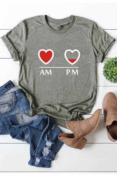 Funny Heart Letter AM and PM Graphic Print Loose Fit Cotton T-Shirt