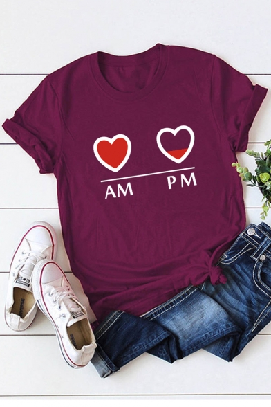 Funny Heart Letter AM and PM Graphic Print Loose Fit Cotton T-Shirt