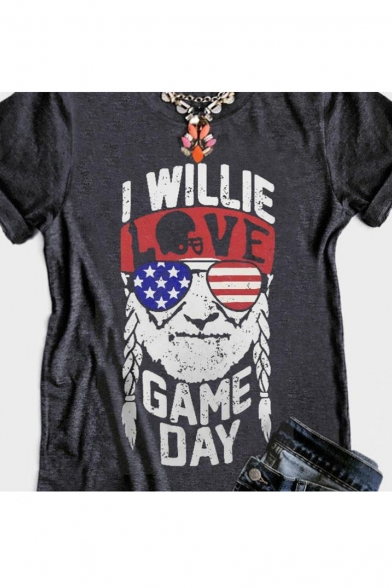 GAME DAY Letter Characters Pattern Round Neck Short Sleeves Gray Graphic Tee