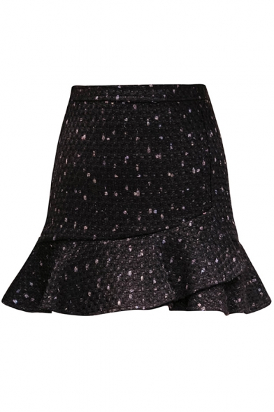Girls Chic Pattern Tweed Ruffled Mini Fishtail Skirt
