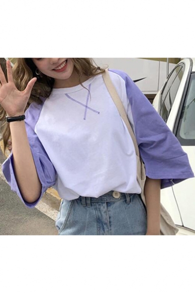 Girls Summer Casual Loose Fashion Color Block T-Shirt