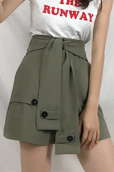 Girls Summer Fashion Solid Color Unique Tied Waist High Rise Straight Fit Wide Leg Military Shorts