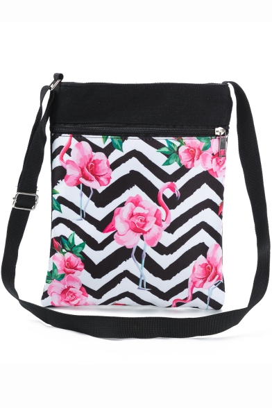 Hot Fashion Flamingo Floral Stripe Printed Black and White Canvas Shoulder Messenger Bag 22.5*27 CM