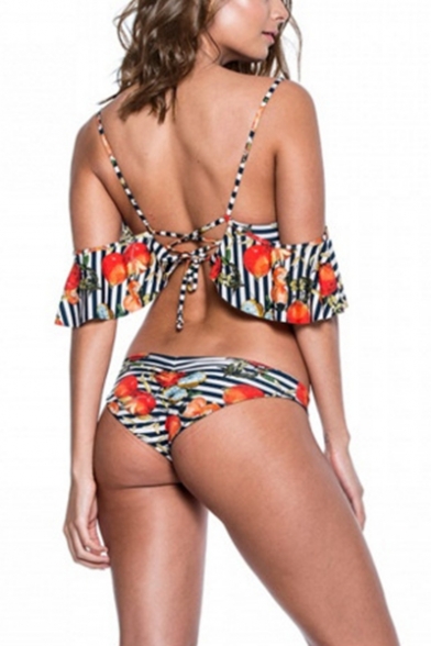 Hot Fashion Sexy Fruits Striped Print V-Neck Lace-Up Back Bikini Swimwear