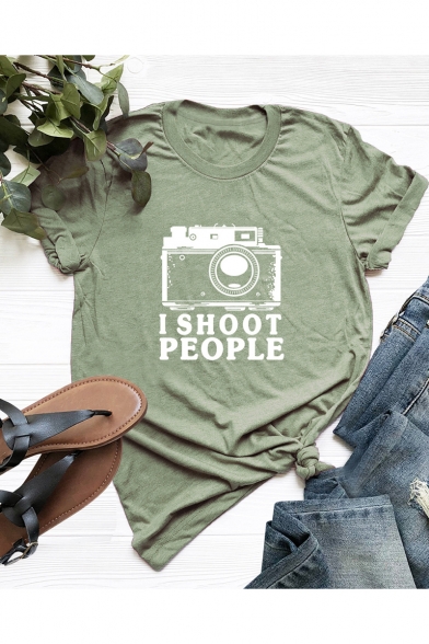 Letter I SHOOT PEOPLE Camera Print Short Sleeve Round Neck Loose Relaxed Tee