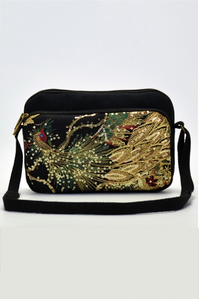 National Style Peacock Embroidery Pattern Sequin Canvas Crossbody Shoulder Bag 24*8*17 CM