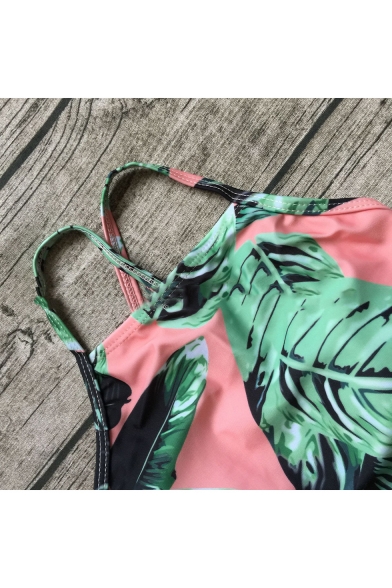 New Arrival Leaf Printed Crisscross Open Back Spaghetti Straps Pink One Piece Swimwear
