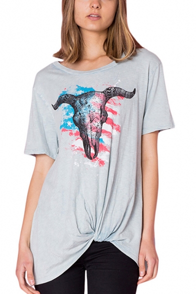 Cattle Flag Printed Round Neck Short Sleeve Plus Size Basic Knotted T-Shirt