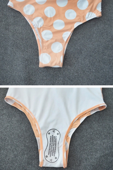 New Stylish Polka Dot Printed Halter Plunged Neck Lovely Pompom Hem Orange One Piece Swimsuit Swimwear