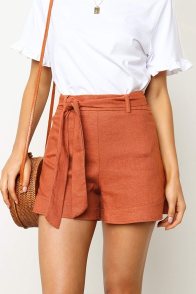 New Stylish Tied Waist High Rise Solid Color Summer Womens Casual Shorts