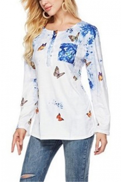 New Trendy Butterflies Printed Long Sleeve Round Neck Button White T-Shirt