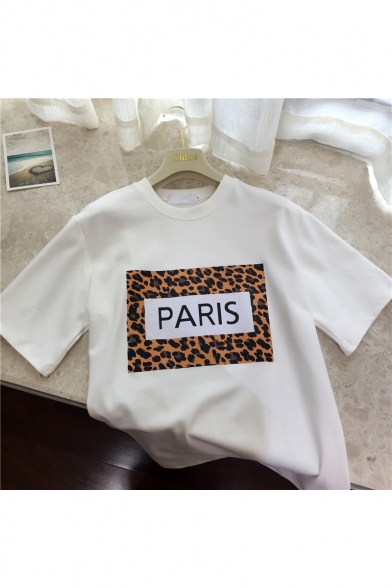 New Trendy Leopard Print PARIS Letter Round Neck Short Sleeve Loose T-Shirt For Girls