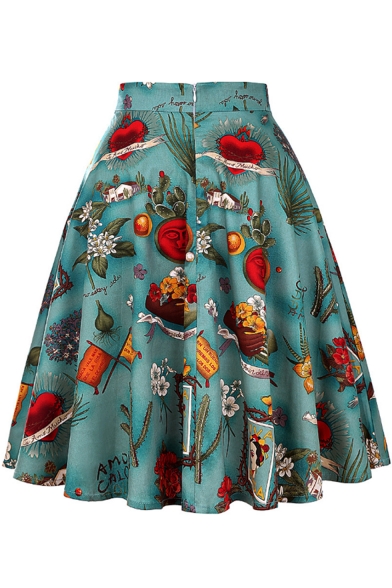 New Trendy Vintage Floral Fruit Printed High Rise Green Flared Midi Skirt