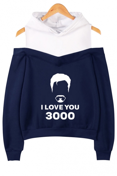 Popular Fake Two-Piece Cold Shoulder Long Sleeve Figure Letter I Love You 3000 Pullover Hoodie