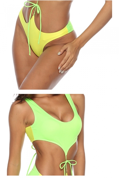 Sexy Yellow Sleeveless Tied Front Hollow Out One Piece Swimwear