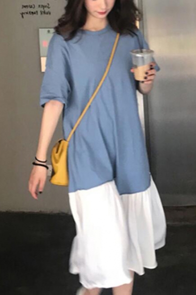 Stylish Color Block Round Neck Short Sleeve Loose Blue and White Maxi T-Shirt Dress For Women