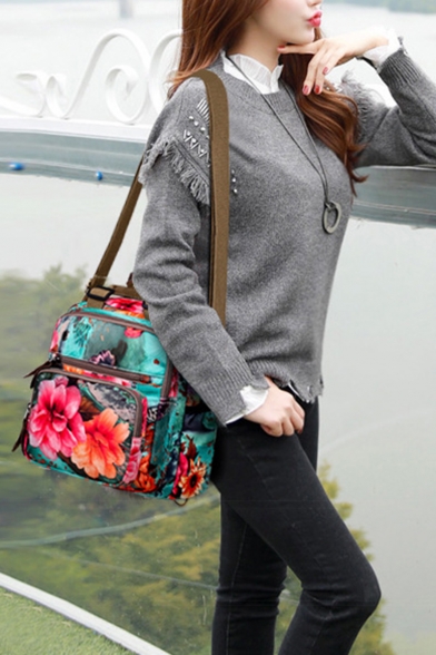 Stylish Green and Red Floral Printed Large Capacity Satchel Backpack 26*11*27 CM