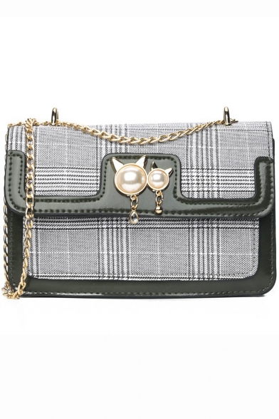 Stylish Plaid Pattern Pearl Pendant Embellishment Crossbody Bag with Chain Strap 20*7*12 CM