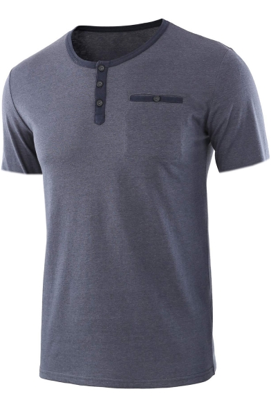 Stylish Short Sleeve Round Neck Plain One Pocket Button Detail Casual Henley Shirt for Men