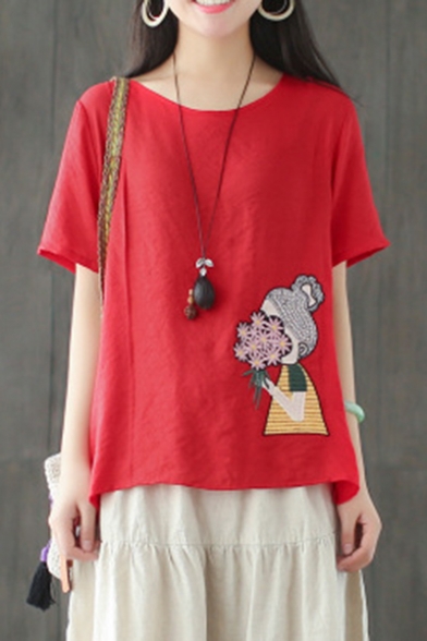 Summer Cartoon Flower Girl Embroidery Round Neck Casual Relaxed T-Shirt