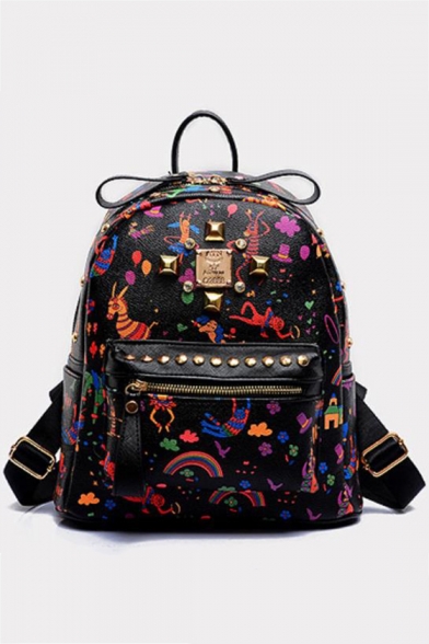 Summer Fashion Allover Printed Rivet Embellishment Black Zipper Backpack 29*14*32 CM
