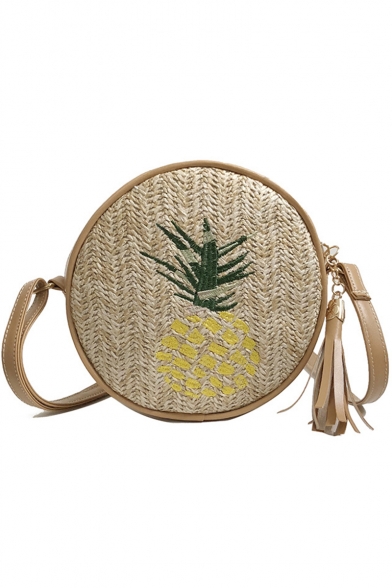Summer Fashion Pineapple Embroidery Pattern Straw Fringe Round Crossbody Bag 19*7*19 CM