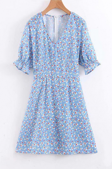 Summer Girls French Style Floral Printed V-Neck Light Blue Mini A-Line Dress