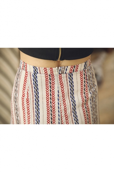 Summer Holiday Tribal Striped Printed Tied Waist Split Side Beach Culottes Palazzo Wide Leg Pants for Women