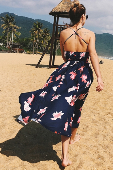Summer Navy Floral Printed Sexy V-Neck Open Back Split Side Maxi Holiday Beach Slip Dress