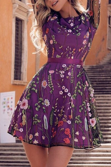 Summer New Trendy Floral Embroidery Long Sleeve Mini A-Line Mesh Dress