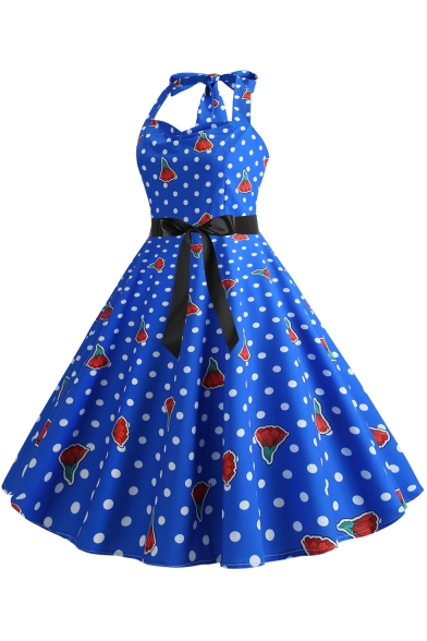 Summer's Floral Polka Dot Printed Sleeveless Halter Bow-Tied Waist Midi A-Line Blue Dress