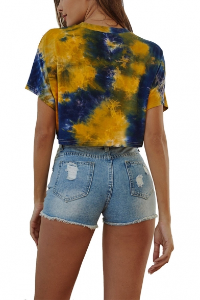 Summer Unique Yellow Tie Dye Round Neck Short Sleeve Cropped T-Shirt