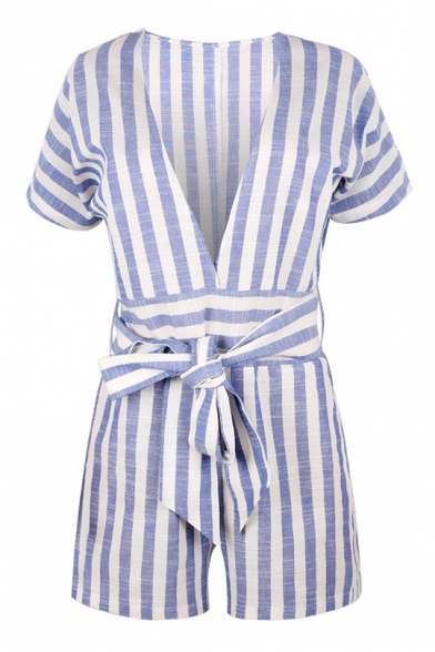 Trendy Stripe Printed Sexy Plunged V-Neck Bow Tied Waist Short Sleeve Playsuit Rompers