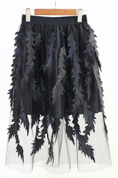 Unique Stylish Feather Embellished Midi A-Line Gauze Skirt