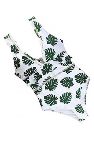 Unique Tropical Leaf Printed V-Neck Hollow Out Ruffle Detail Open Back White One Pieces Swimwear